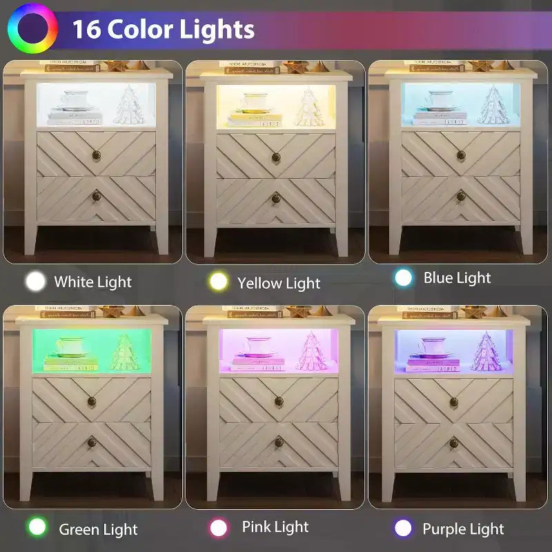 Table de chevet LED avec 2 tiroirs - Table de chevet de style ferme avec design en V pour chambre à coucher