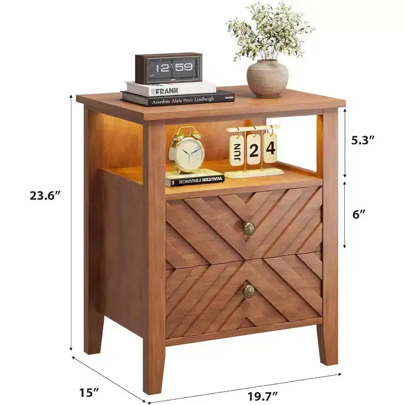 Table de chevet LED avec 2 tiroirs - Table de chevet de style ferme avec design en V pour chambre à coucher