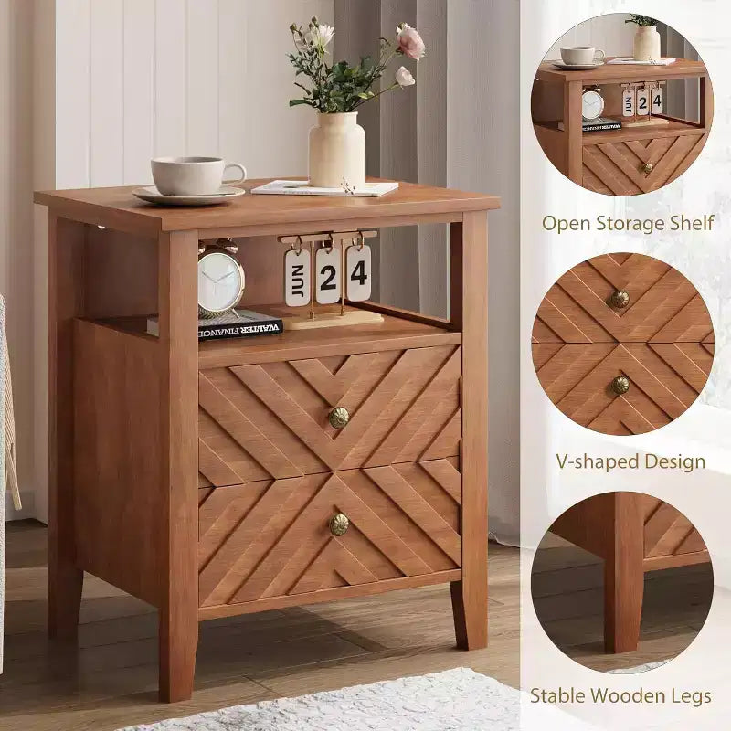 Table de chevet LED avec 2 tiroirs - Table de chevet de style ferme avec design en V pour chambre à coucher