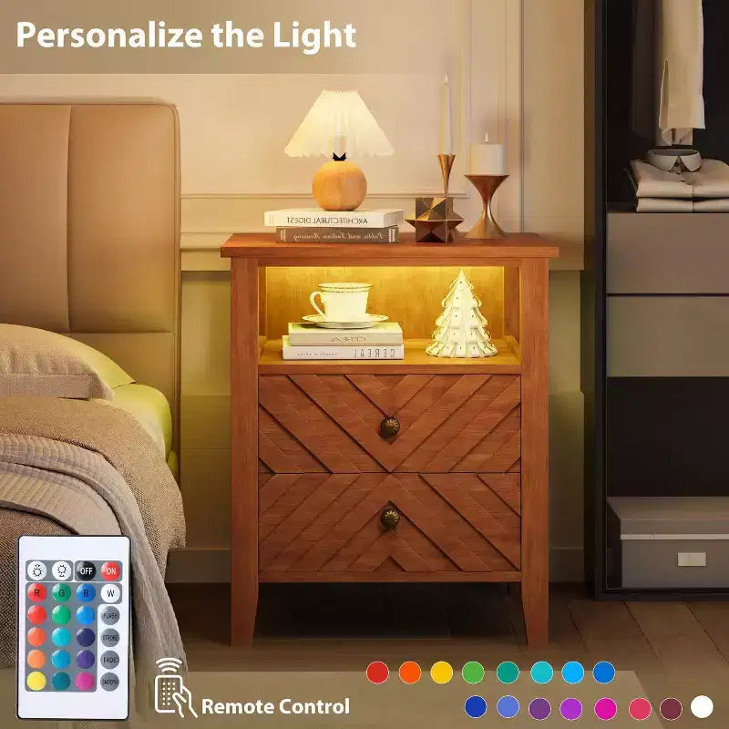 Table de chevet LED avec 2 tiroirs - Table de chevet de style ferme avec design en V pour chambre à coucher