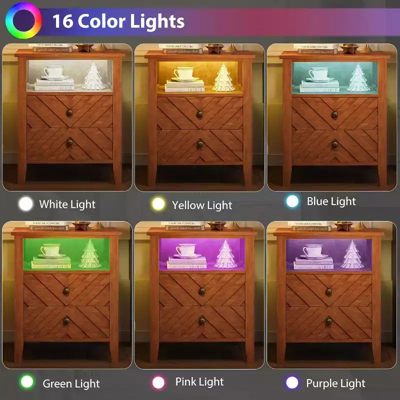 Table de chevet LED avec 2 tiroirs - Table de chevet de style ferme avec design en V pour chambre à coucher