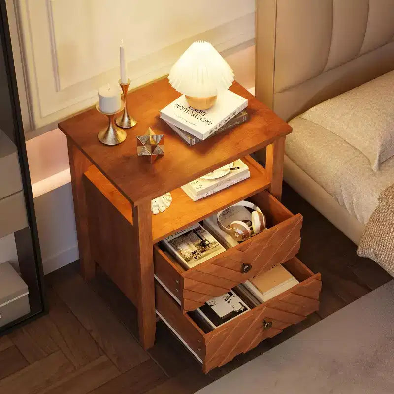 Table de chevet LED avec 2 tiroirs - Table de chevet de style ferme avec design en V pour chambre à coucher