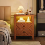 Table de chevet LED avec 2 tiroirs - Table de chevet de style ferme avec design en V pour chambre à coucher