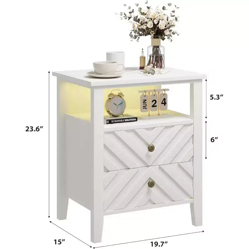 Table de chevet LED avec 2 tiroirs - Table de chevet de style ferme avec design en V pour chambre à coucher