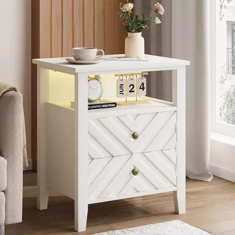Table de chevet LED avec 2 tiroirs - Table de chevet de style ferme avec design en V pour chambre à coucher