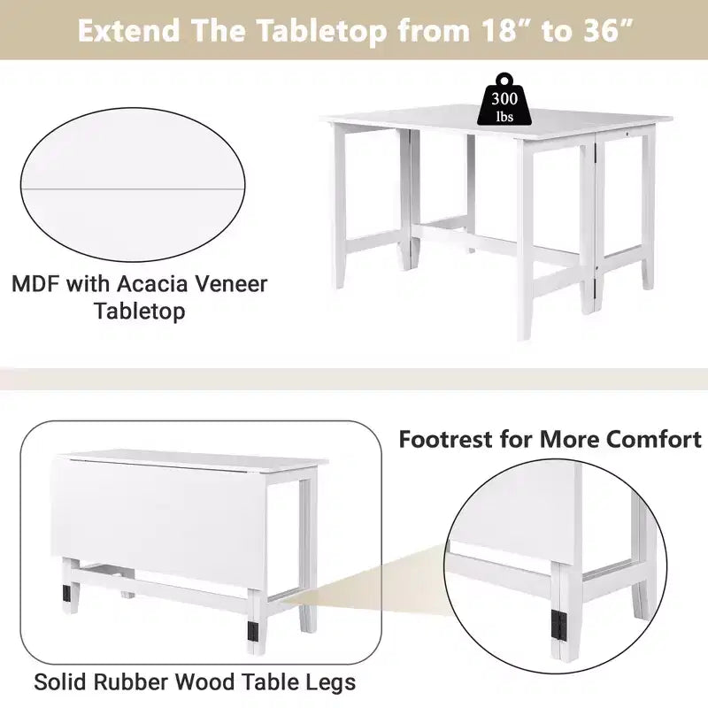 JVNOXK Table à manger extensible en bois style rustique de 91 cm avec abattant pliant, idéale pour les petits espaces, pieds en hévéa massif, blanc