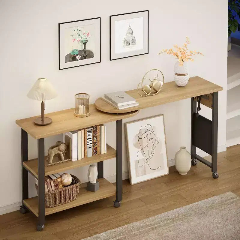 Table d'appoint rotative à 360°, Table d'appoint avec station de charge, Table d'appoint pivotante avec sac de rangement supplémentaire, Table d'appoint mobile avec 6 roulettes pivotantes pour chambre à coucher
