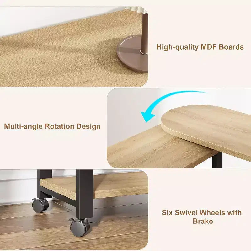 Table d'appoint rotative à 360°, Table d'appoint avec station de charge, Table d'appoint pivotante avec sac de rangement supplémentaire, Table d'appoint mobile avec 6 roulettes pivotantes pour chambre à coucher