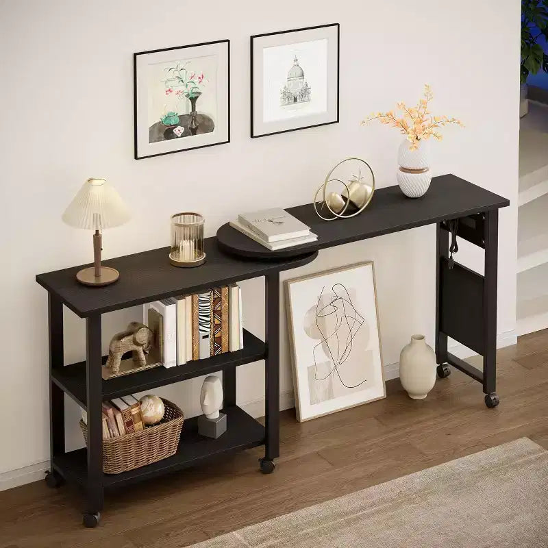 Table d'appoint rotative à 360°, Table d'appoint avec station de charge, Table d'appoint pivotante avec sac de rangement supplémentaire, Table d'appoint mobile avec 6 roulettes pivotantes pour chambre à coucher