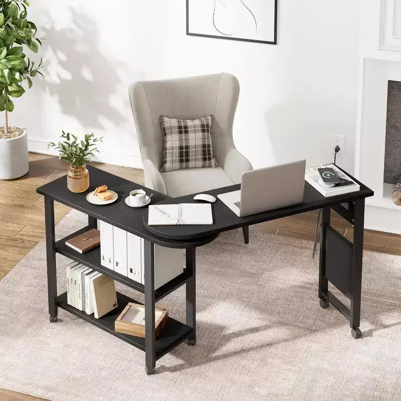 Table d'appoint rotative à 360°, Table d'appoint avec station de charge, Table d'appoint pivotante avec sac de rangement supplémentaire, Table d'appoint mobile avec 6 roulettes pivotantes pour chambre à coucher