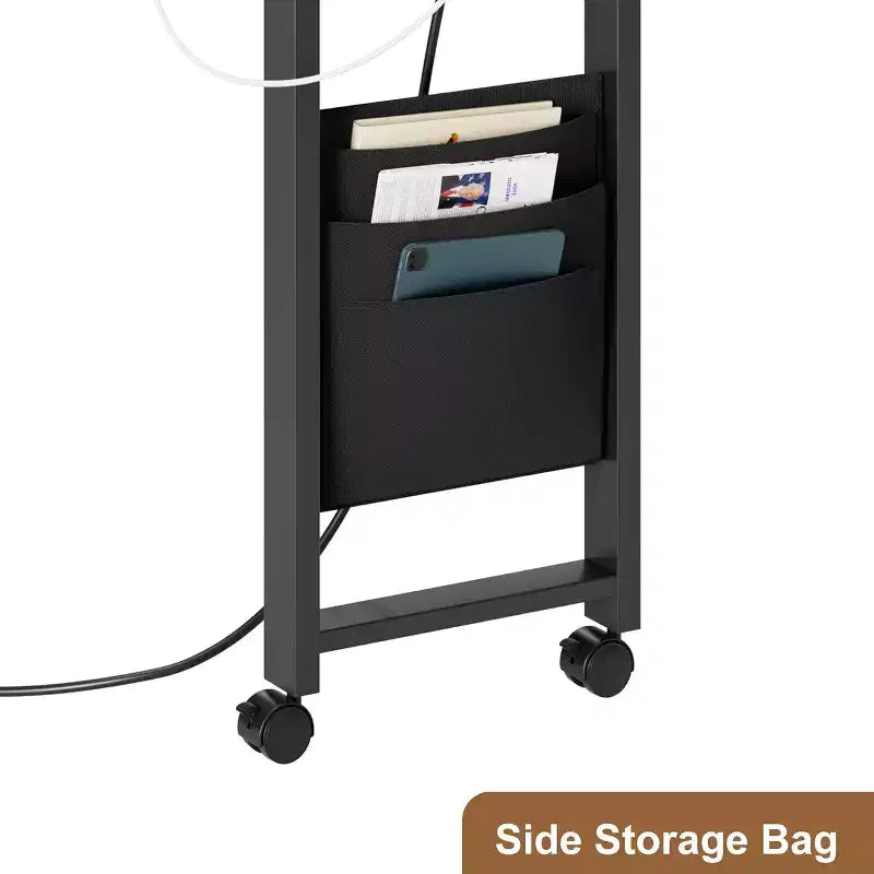 Table d'appoint rotative à 360°, Table d'appoint avec station de charge, Table d'appoint pivotante avec sac de rangement supplémentaire, Table d'appoint mobile avec 6 roulettes pivotantes pour chambre à coucher