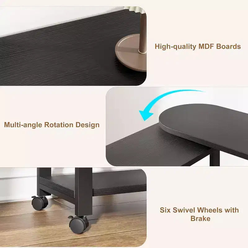 Table d'appoint rotative à 360°, Table d'appoint avec station de charge, Table d'appoint pivotante avec sac de rangement supplémentaire, Table d'appoint mobile avec 6 roulettes pivotantes pour chambre à coucher