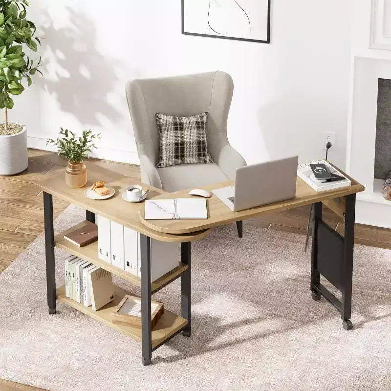Table d'appoint rotative à 360°, Table d'appoint avec station de charge, Table d'appoint pivotante avec sac de rangement supplémentaire, Table d'appoint mobile avec 6 roulettes pivotantes pour chambre à coucher
