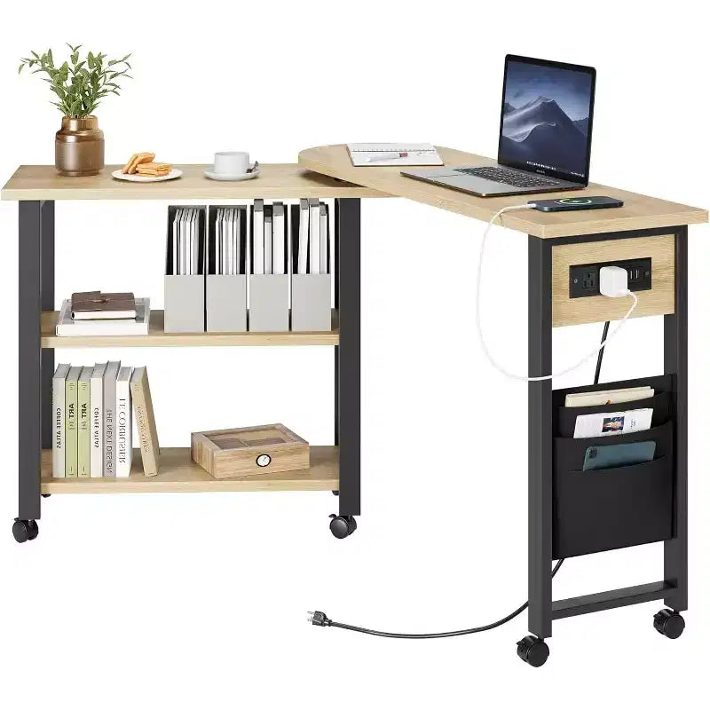 Table d'appoint rotative à 360°, Table d'appoint avec station de charge, Table d'appoint pivotante avec sac de rangement supplémentaire, Table d'appoint mobile avec 6 roulettes pivotantes pour chambre à coucher