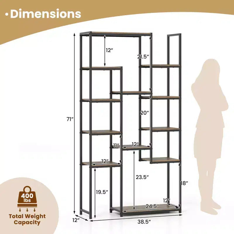 Étagère Gymax 71 po avec 12 tablettes ouvertes, dispositif anti-basculement pour salon, bureau à domicile