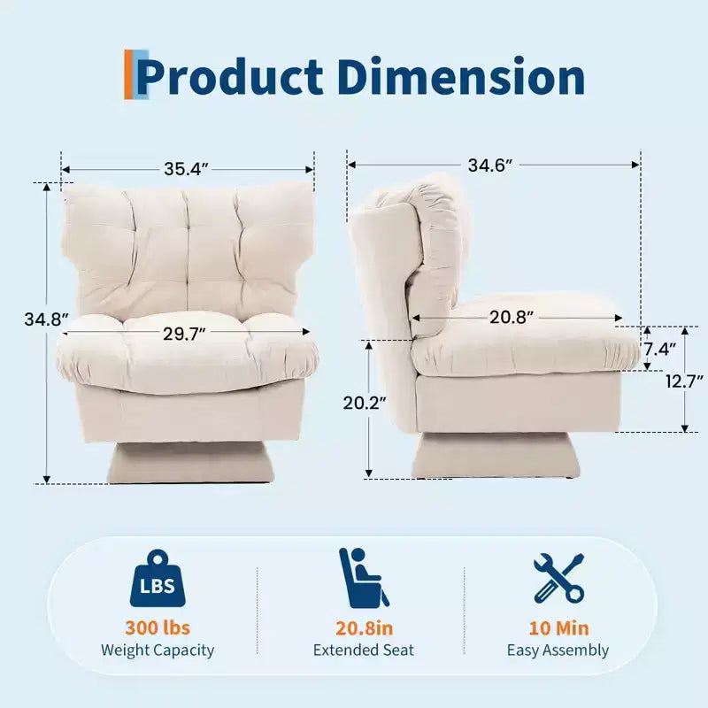Fauteuil pivotant moderne, Fauteuil de canapé confortable avec base surdimensionnée, Siège étendu de 52,8 cm de profondeur, pour salon, chambre ou bureau