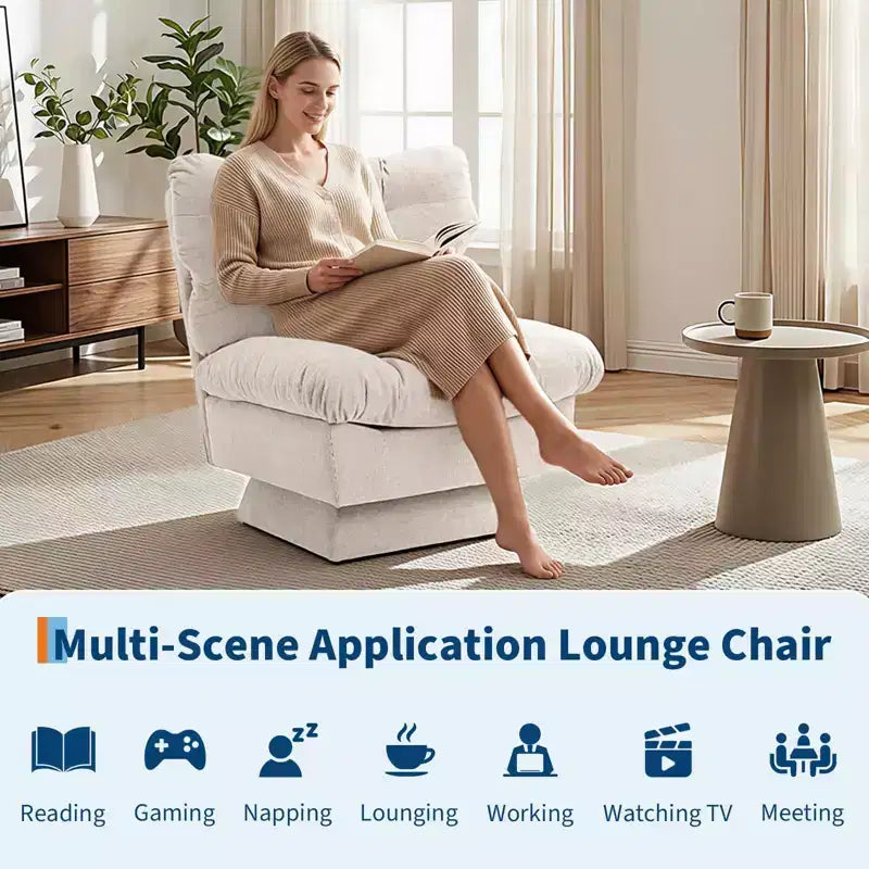 Fauteuil pivotant moderne, Fauteuil de canapé confortable avec base surdimensionnée, Siège étendu de 52,8 cm de profondeur, pour salon, chambre ou bureau