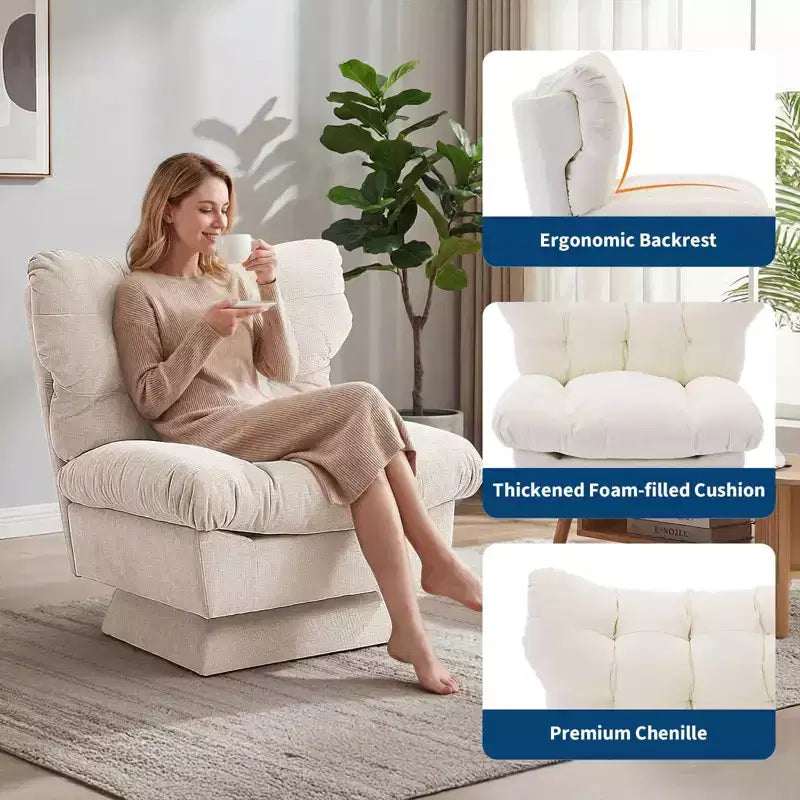 Fauteuil pivotant moderne, Fauteuil de canapé confortable avec base surdimensionnée, Siège étendu de 52,8 cm de profondeur, pour salon, chambre ou bureau