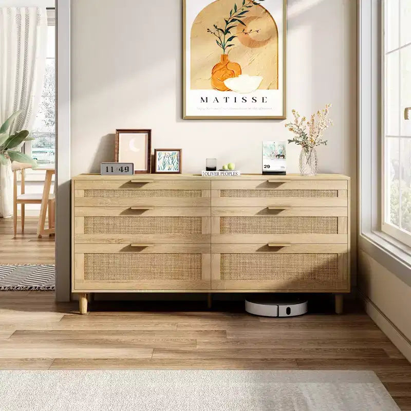 JVNOXK Commode 6 tiroirs en rotin de 150 cm, meuble de rangement pour vêtements de chambre, poignées métalliques et pieds en bois, convient aux chambres à coucher, couleur naturelle