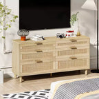 JVNOXK Commode 6 tiroirs en rotin de 150 cm, meuble de rangement pour vêtements de chambre, poignées métalliques et pieds en bois, convient aux chambres à coucher, couleur naturelle