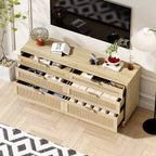 JVNOXK Commode 6 tiroirs en rotin de 150 cm, meuble de rangement pour vêtements de chambre, poignées métalliques et pieds en bois, convient aux chambres à coucher, couleur naturelle