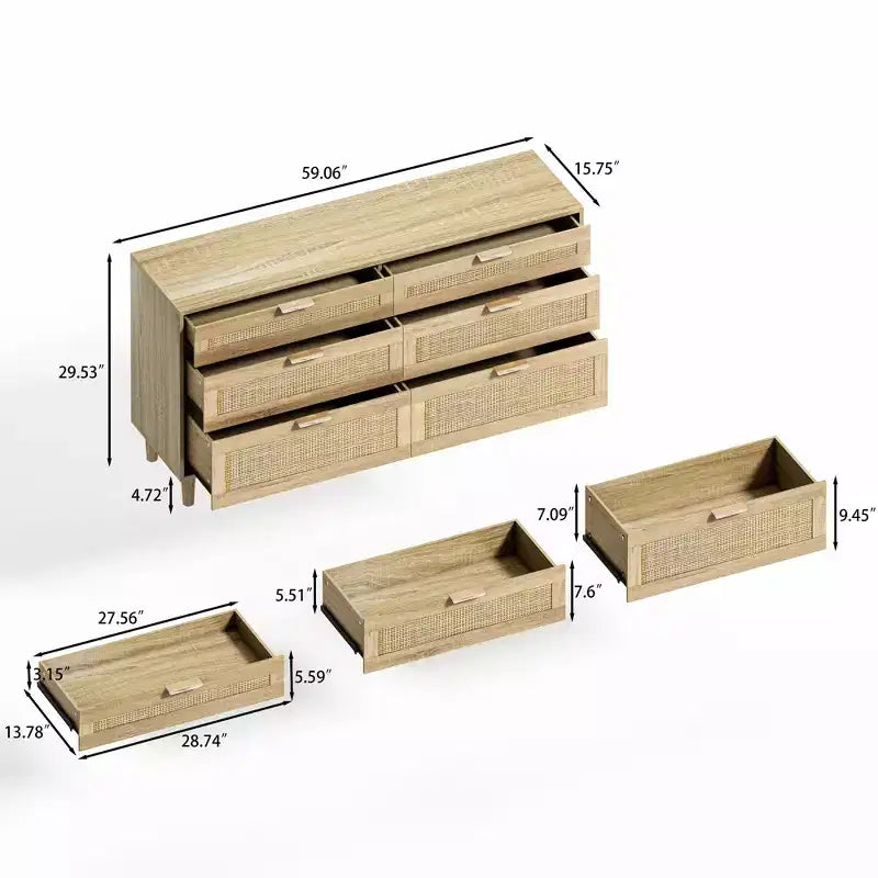 JVNOXK Commode 6 tiroirs en rotin de 150 cm, meuble de rangement pour vêtements de chambre, poignées métalliques et pieds en bois, convient aux chambres à coucher, couleur naturelle