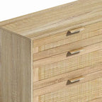 JVNOXK Commode 6 tiroirs en rotin de 150 cm, meuble de rangement pour vêtements de chambre, poignées métalliques et pieds en bois, convient aux chambres à coucher, couleur naturelle