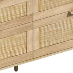 JVNOXK Commode 6 tiroirs en rotin de 150 cm, meuble de rangement pour vêtements de chambre, poignées métalliques et pieds en bois, convient aux chambres à coucher, couleur naturelle