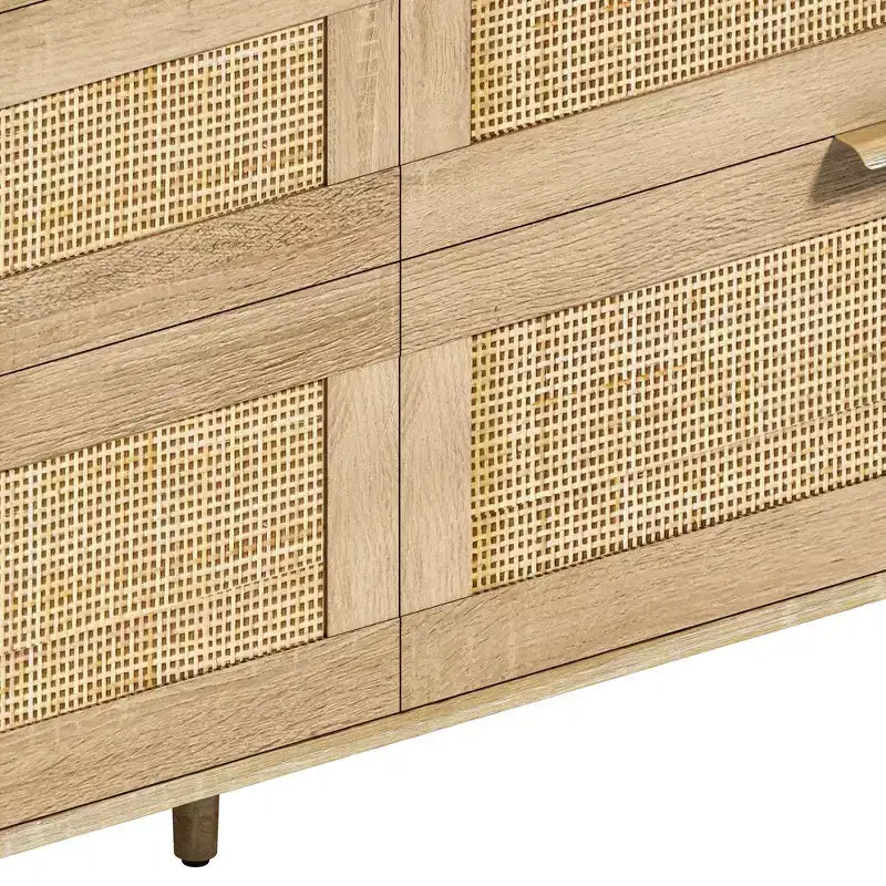 JVNOXK Commode 6 tiroirs en rotin de 150 cm, meuble de rangement pour vêtements de chambre, poignées métalliques et pieds en bois, convient aux chambres à coucher, couleur naturelle