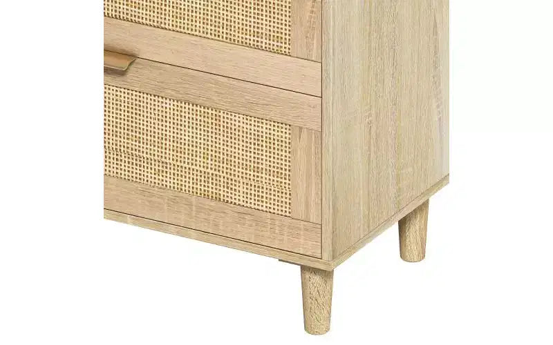 JVNOXK Commode 6 tiroirs en rotin de 150 cm, meuble de rangement pour vêtements de chambre, poignées métalliques et pieds en bois, convient aux chambres à coucher, couleur naturelle
