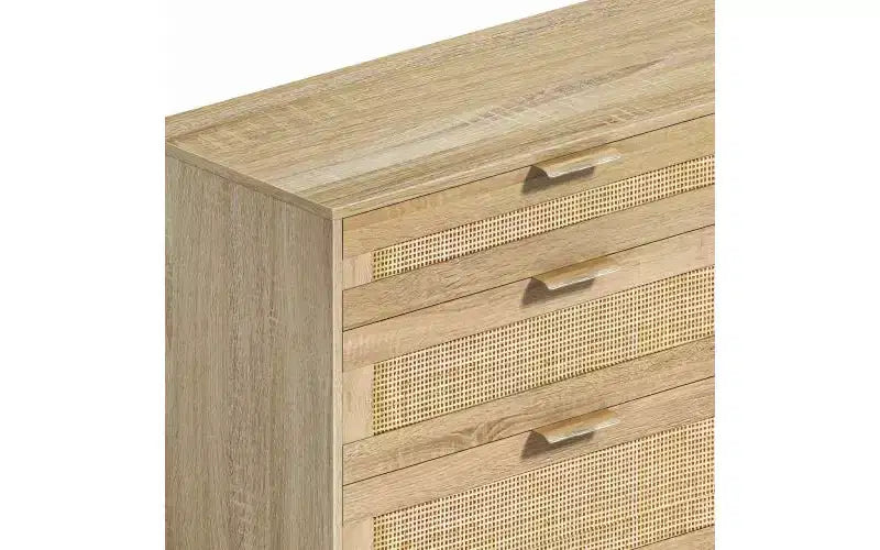 JVNOXK Commode 6 tiroirs en rotin de 150 cm, meuble de rangement pour vêtements de chambre, poignées métalliques et pieds en bois, convient aux chambres à coucher, couleur naturelle