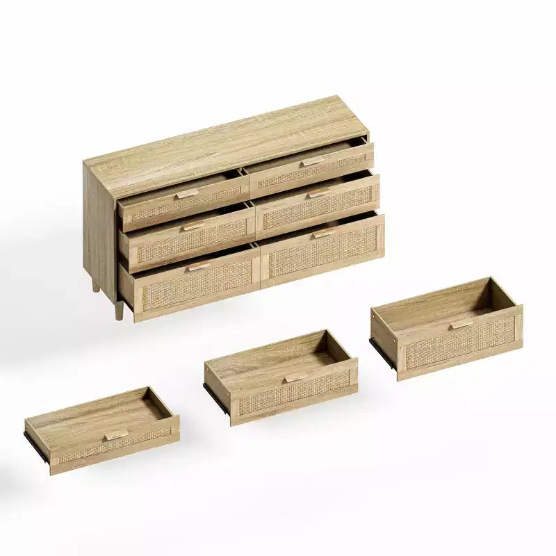 JVNOXK Commode 6 tiroirs en rotin de 150 cm, meuble de rangement pour vêtements de chambre, poignées métalliques et pieds en bois, convient aux chambres à coucher, couleur naturelle