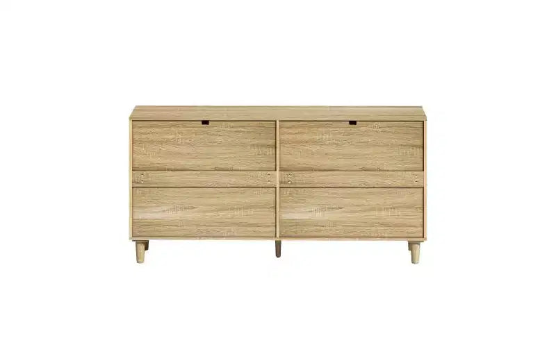 JVNOXK Commode 6 tiroirs en rotin de 150 cm, meuble de rangement pour vêtements de chambre, poignées métalliques et pieds en bois, convient aux chambres à coucher, couleur naturelle