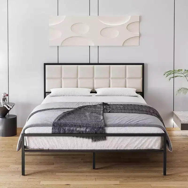King Upholstered Metal Bed Frame with Square-Stitched Headboard, Faux Leather Platform Bed with Steel Slats Support, Box Spring Optional, Beige