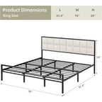 Lit King en métal capitonné avec tête de lit surpiquée, lit plateforme en similicuir avec support à lattes en acier, sommier tapissier en option, beige