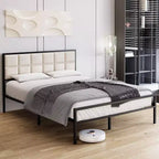 Lit King en métal capitonné avec tête de lit surpiquée, lit plateforme en similicuir avec support à lattes en acier, sommier tapissier en option, beige
