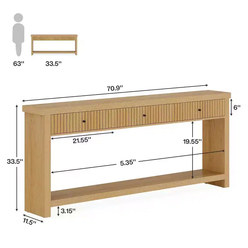 Console, longue table de canapé en bois avec 3 tiroirs