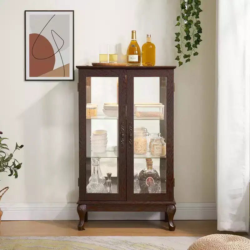 2-Door Curio Cabinet with Tempered Glass Doors, Mirrored Back Panel, Adjustable Shelves, and Light for Home Office