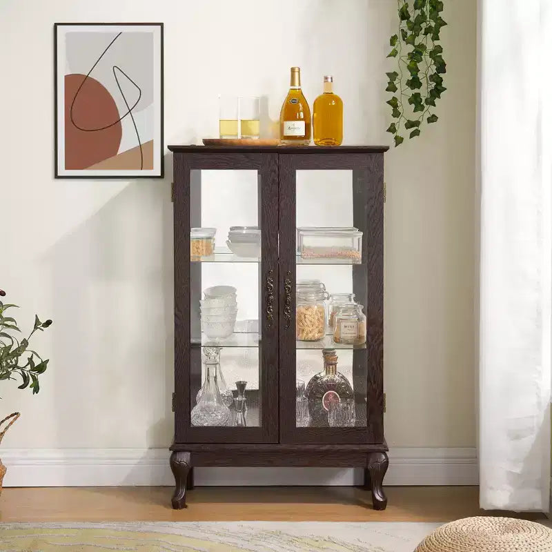 Vitrine à 2 portes avec portes en verre trempé, panneau arrière miroir, étagères réglables et éclairage pour le bureau à domicile