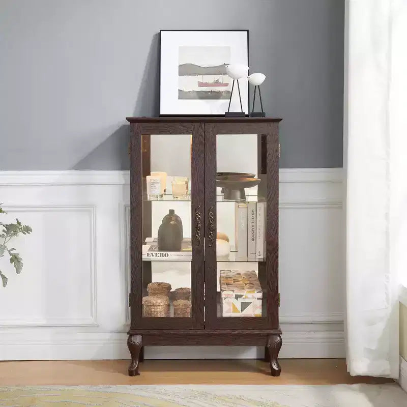 Vitrine à 2 portes avec portes en verre trempé, panneau arrière miroir, étagères réglables et éclairage pour le bureau à domicile