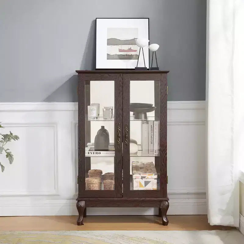 Vitrine à 2 portes avec portes en verre trempé, panneau arrière miroir, étagères réglables et éclairage pour le bureau à domicile