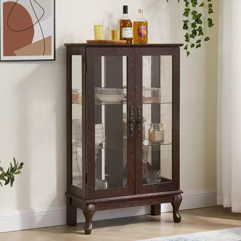 Vitrine à 2 portes avec portes en verre trempé, panneau arrière miroir, étagères réglables et éclairage pour le bureau à domicile