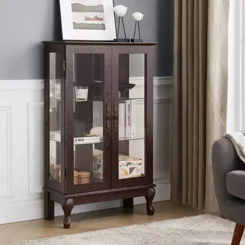 Vitrine à 2 portes avec portes en verre trempé, panneau arrière miroir, étagères réglables et éclairage pour le bureau à domicile