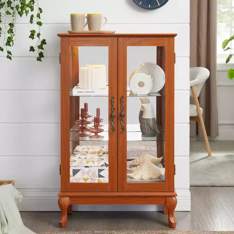 Vitrine 2 portes avec portes en verre trempé, panneau arrière miroir, étagères réglables et éclairage pour la maison