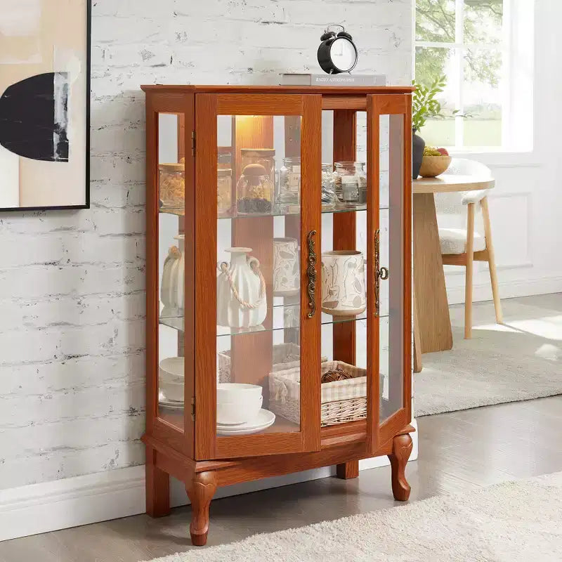Vitrine 2 portes avec portes en verre trempé, panneau arrière miroir, étagères réglables et éclairage pour la maison