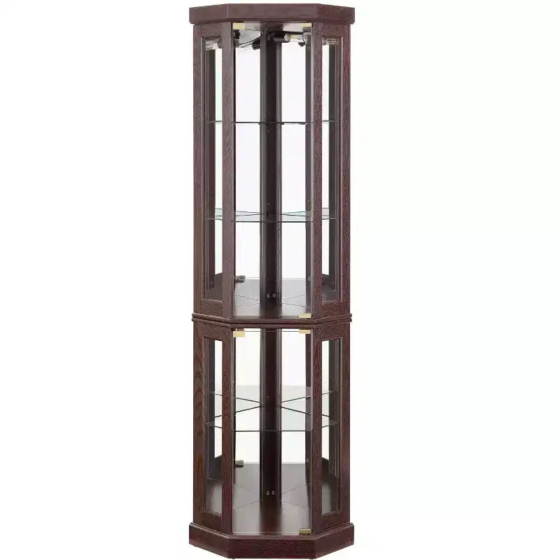 Vitrine d'angle en verre avec éclairage, étagères réglables et fonds de miroir pour salon