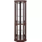 Vitrine d'angle en verre avec éclairage, étagères réglables et fonds de miroir pour salon