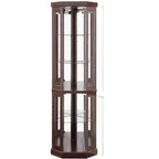 Vitrine d'angle en verre avec éclairage, étagères réglables et fonds de miroir pour salon