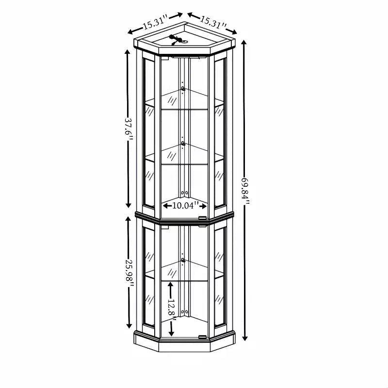Vitrine d'angle en verre avec éclairage, étagères réglables et fonds de miroir pour salon