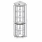 Vitrine d'angle en verre avec éclairage, étagères réglables et fonds de miroir pour salon